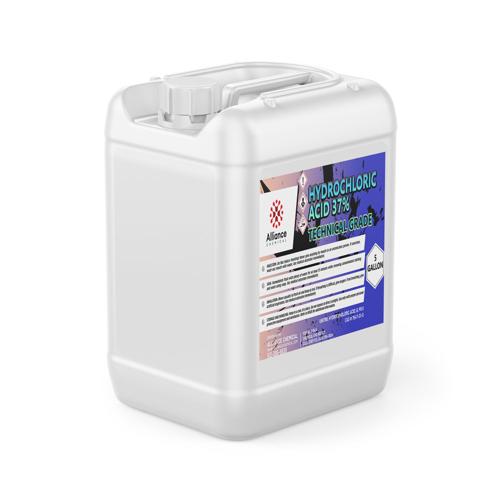 5-gallon white HDPE container of 37% Technical Grade Hydrochloric Acid (HCl) with corrosive hazard warning label, Alliance Chemical branding.