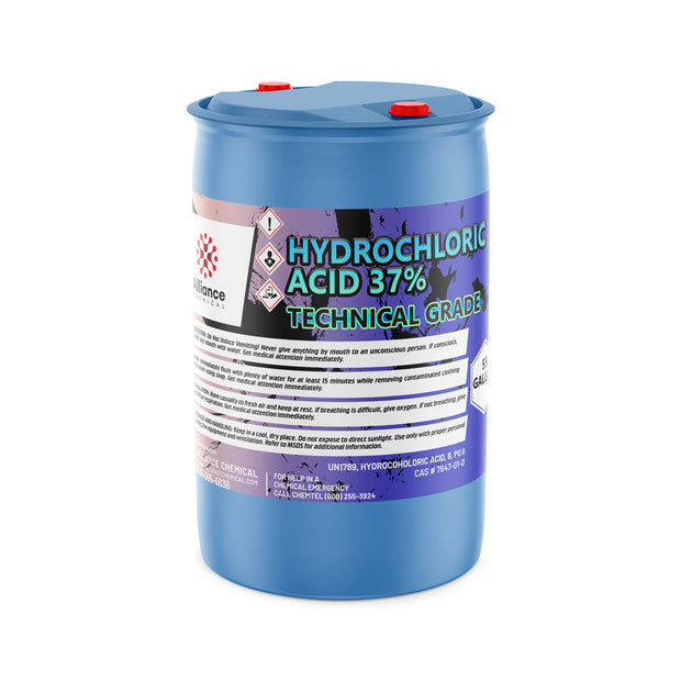 One 55-gallon plastic drum of Alliance Chemical Hydrochloric Acid 37% Technical Grade with red caps and safety label.