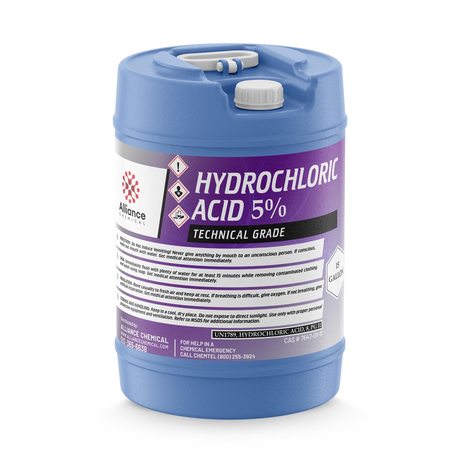 15-gallon blue HDPE drum of 5% Hydrochloric Acid Technical Grade, featuring GHS hazard symbols, safety instructions, and Alliance Chemical branding.