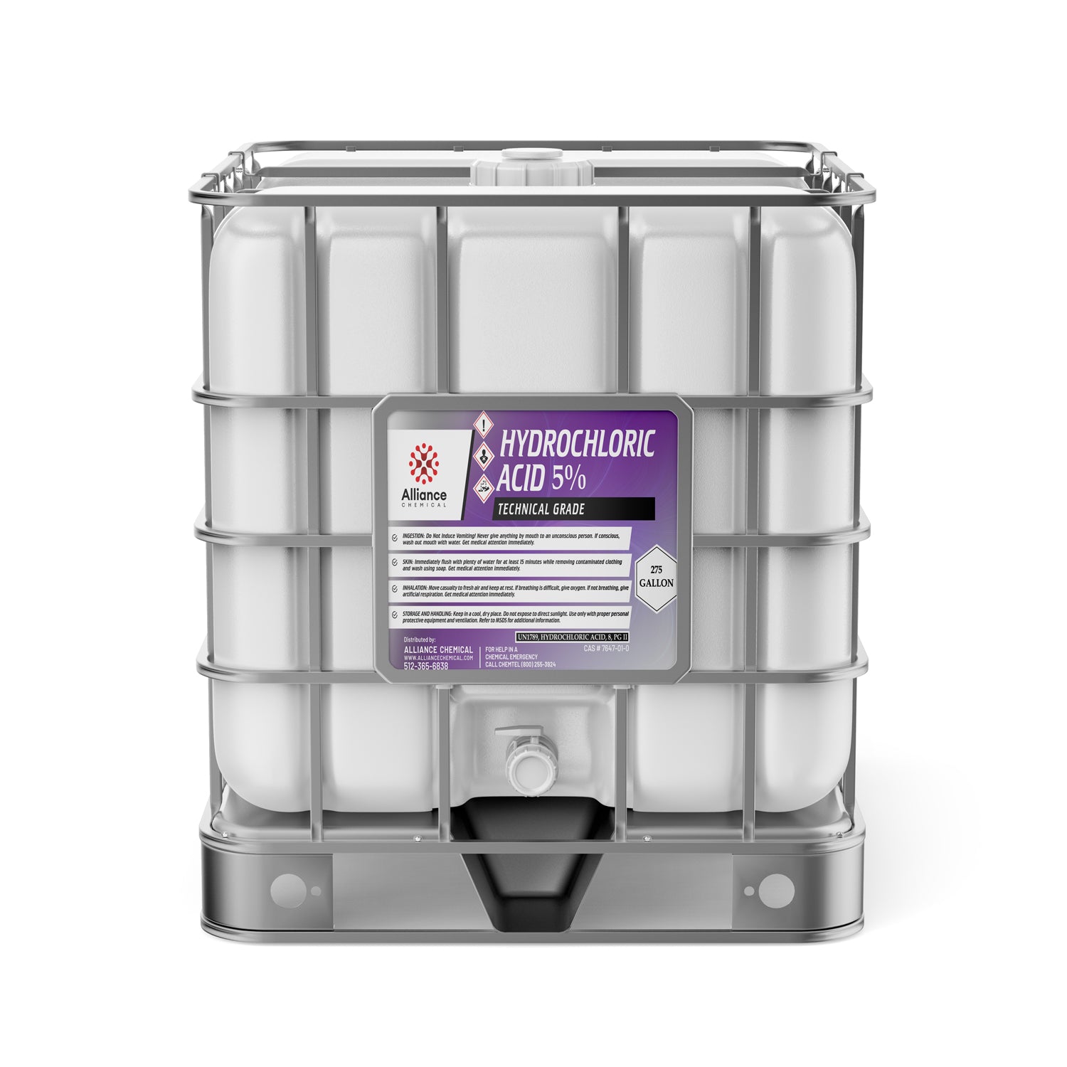 275-gallon IBC tote of 5% technical-grade hydrochloric acid with metal cage frame, hazmat warning symbols, and bottom discharge valve.