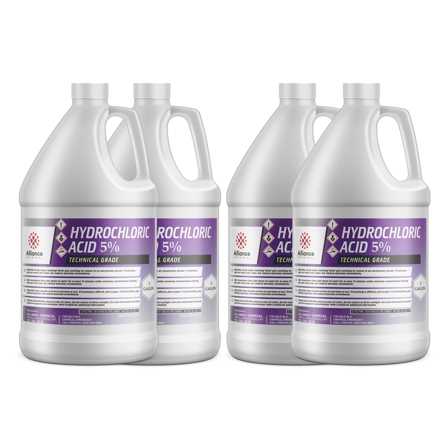 4x1-gallon HDPE jugs of 5% Hydrochloric Acid technical grade, purple-labeled with corrosive hazard diamonds, Alliance Chemical branded.