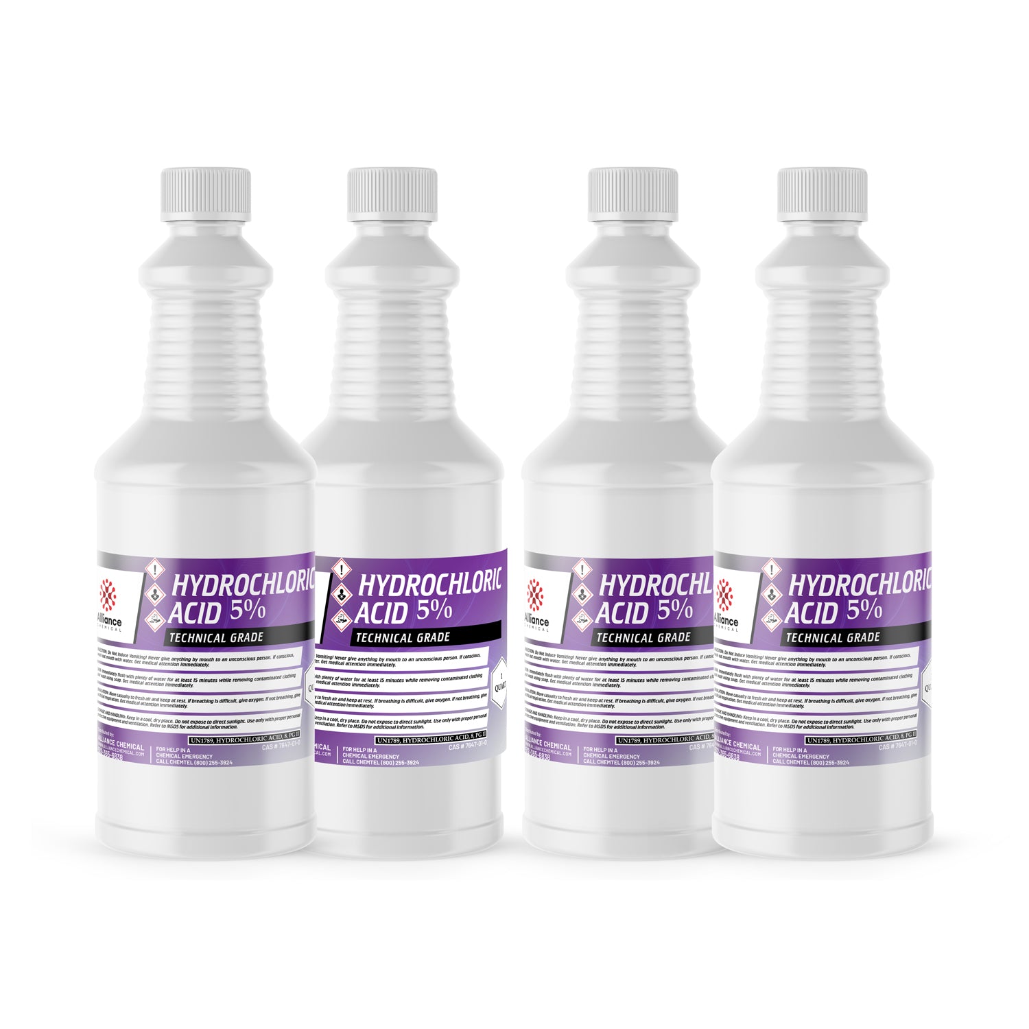 4-quart set of 5% Hydrochloric Acid Technical Grade in white HDPE bottles with purple labels, GHS corrosive hazard symbols, safety warnings.