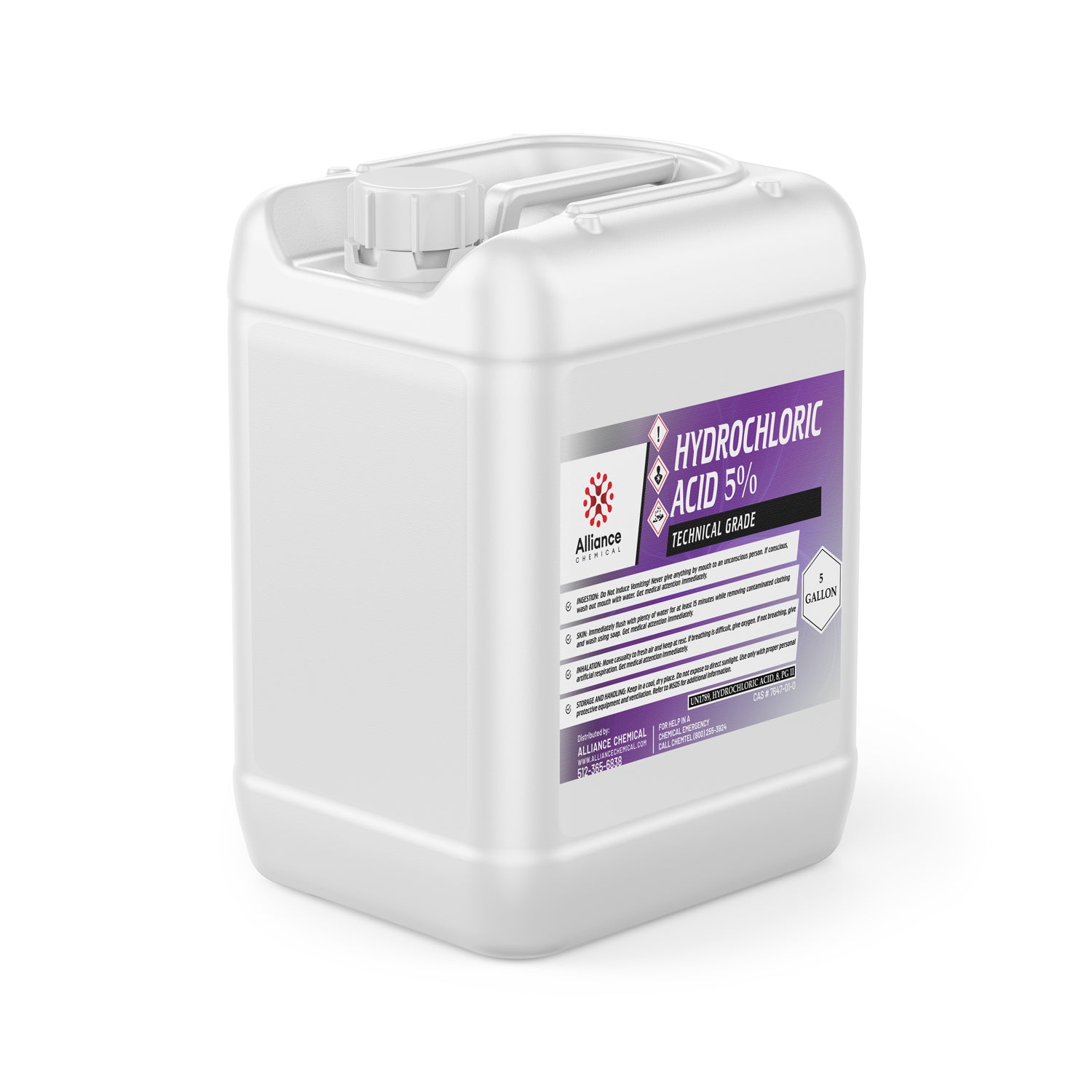 5-gallon white HDPE container of technical-grade 5% hydrochloric acid from Alliance Chemical, featuring GHS hazard diamonds and purple labeling.