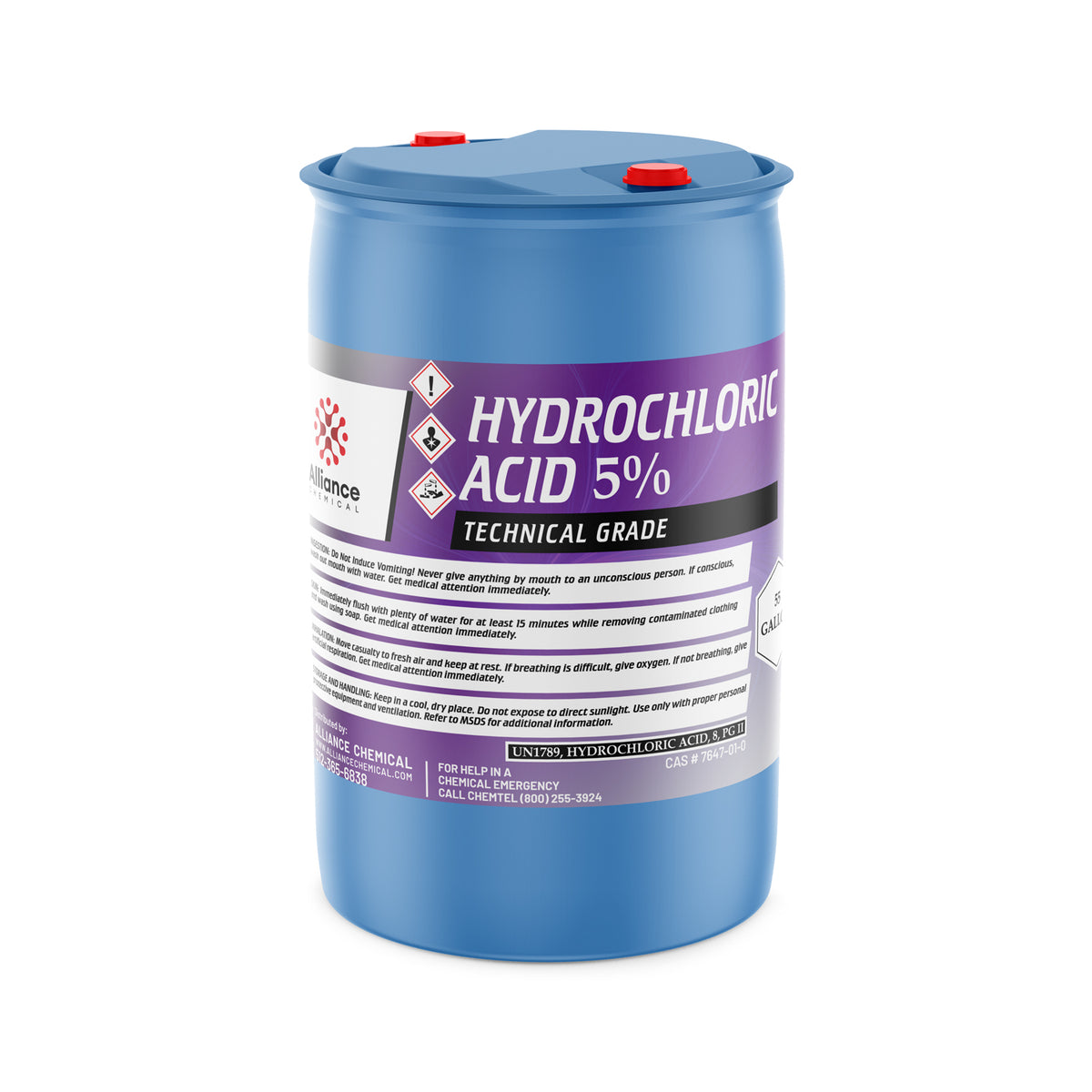 One 55-gallon plastic drum of Alliance Chemical Hydrochloric Acid 5% Technical Grade with blue lid and safety label.