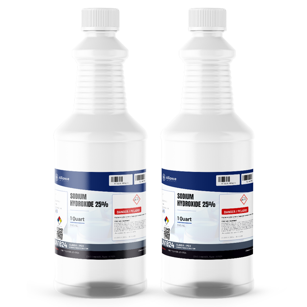 Sodium Hydroxide 25% Technical Grade in two 1-quart bottles from Alliance Chemical for industrial wastewater neutralization