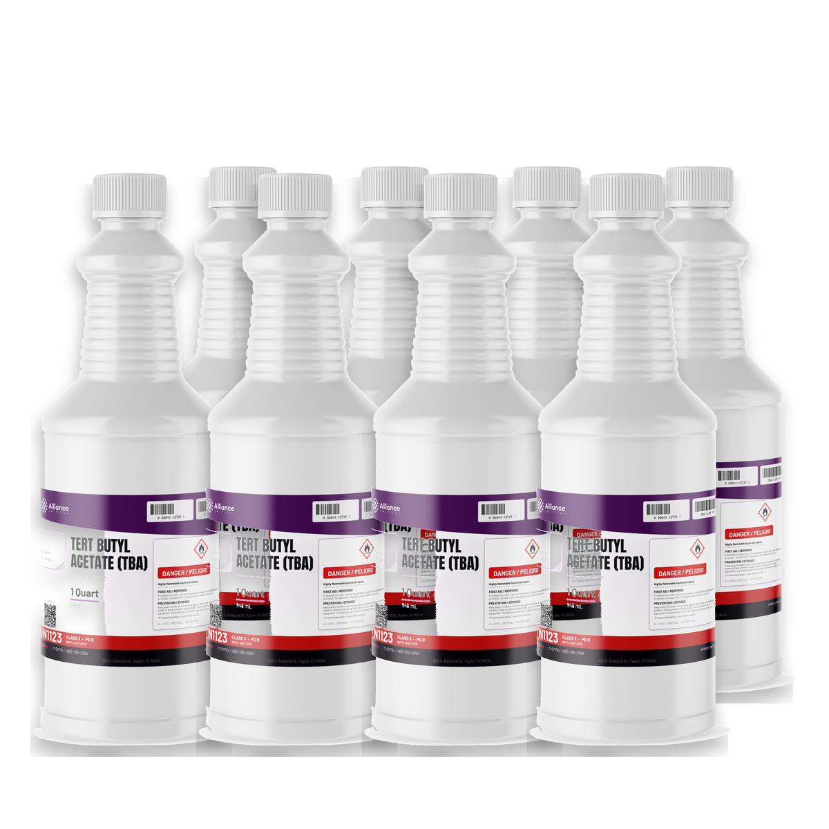 Tert Butyl Acetate Technical Grade in eight 1-quart plastic bottles from Alliance Chemical for industrial surface cleaning