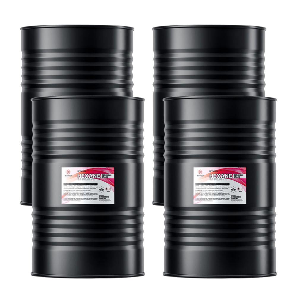 Four 55-gallon steel drums of Alliance Chemical Hexane Technical Grade with ribbed exteriors and product labels.
