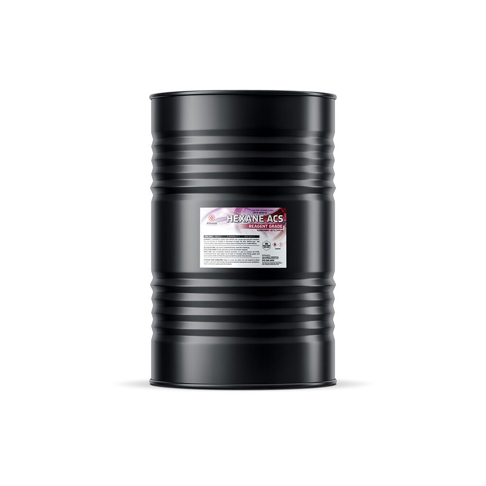 One 55-gallon steel drum of Alliance Chemical Hexane ACS Reagent Grade with a black finish and product label.