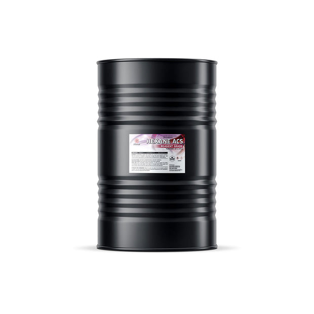 One 55-gallon steel drum of Alliance Chemical Hexane ACS Reagent Grade with a black finish and product label.