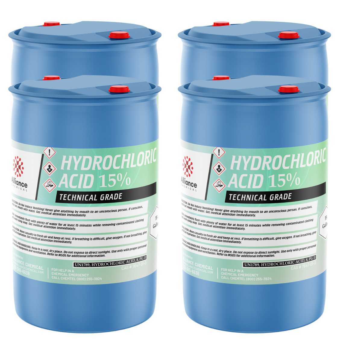 55-gallon blue HDPE drums of 15% Hydrochloric Acid (Technical Grade) with GHS hazard symbols, safety warnings, and red vented caps - UN1789 classified.