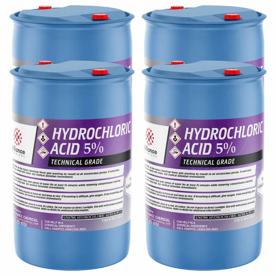 55-gallon blue drums (4-pack) of Alliance Chemical 5% Hydrochloric Acid, technical grade, with hazard warning symbols, UN1789 classification and sealed red caps.