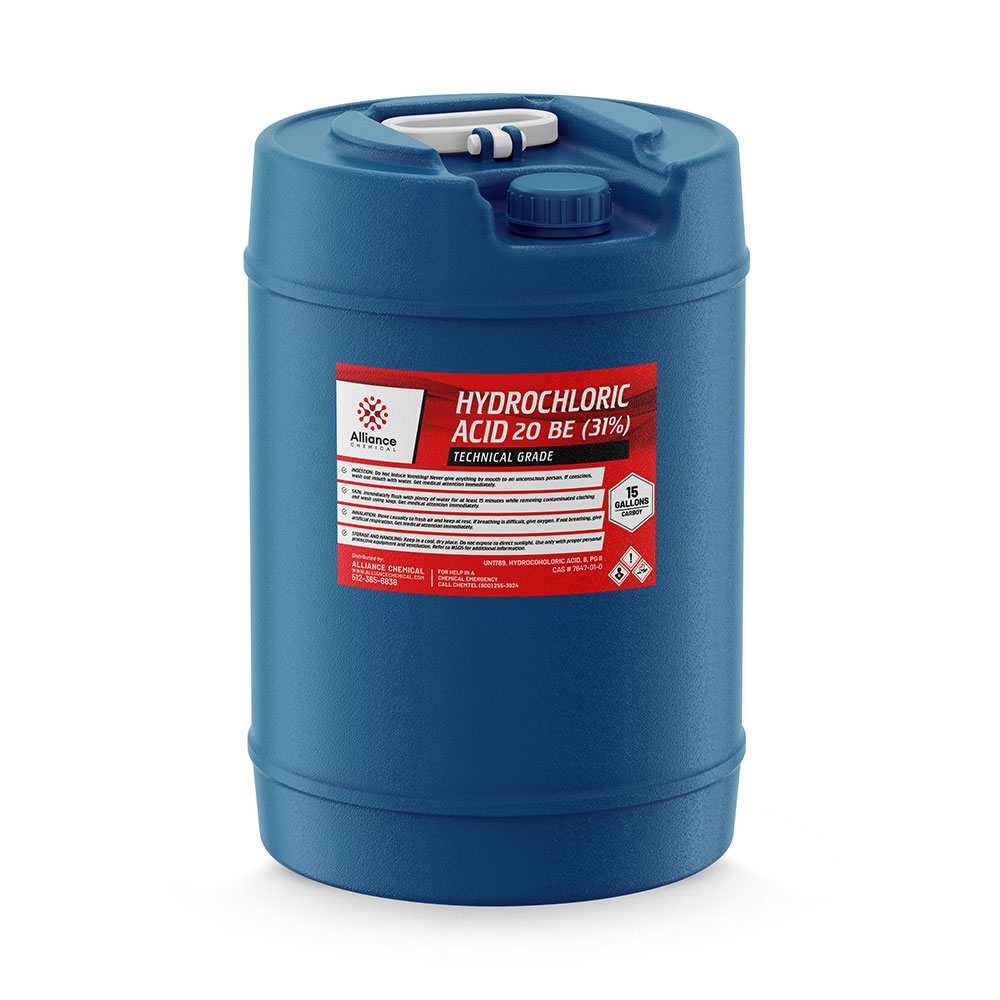 15-gallon blue HDPE carboy of 31% Hydrochloric Acid 20 BE Technical Grade with corrosive/toxic hazard symbols and Alliance Chemical labeling.