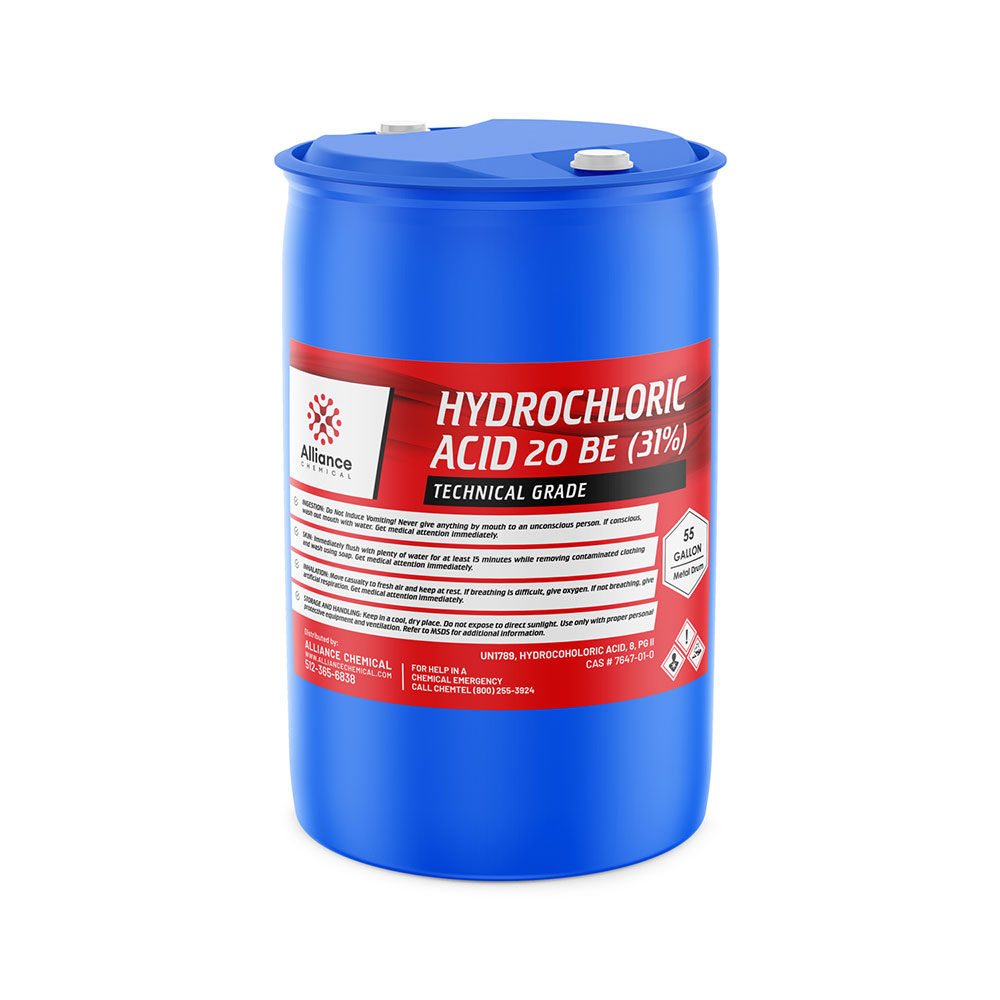 55-gallon blue HDPE drum of 31% Hydrochloric Acid 20 BE Technical Grade with corrosive/hazardous material warning symbols and safety information.