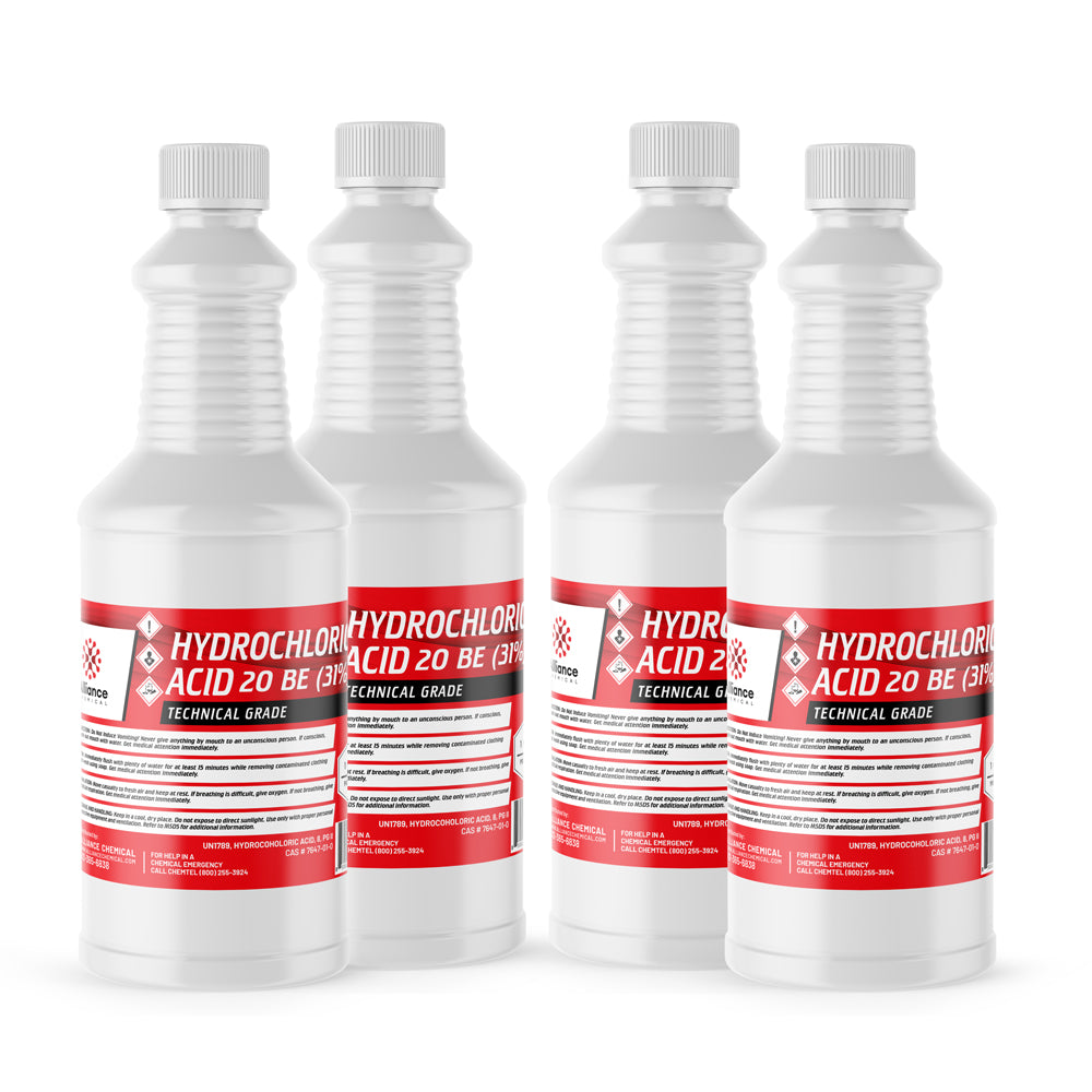 Four 1-quart plastic bottles of Alliance Chemical Hydrochloric Acid 20 BE (31%) Technical Grade with white caps.