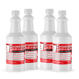 Four 1-quart plastic bottles of Alliance Chemical Hydrochloric Acid 20 BE (31%) Technical Grade with white caps.