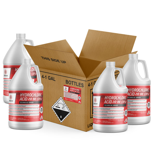 Four 1-gallon HDPE jugs of Alliance Chemical Hydrochloric Acid 20 BE (31%) Technical Grade with handles and labels.