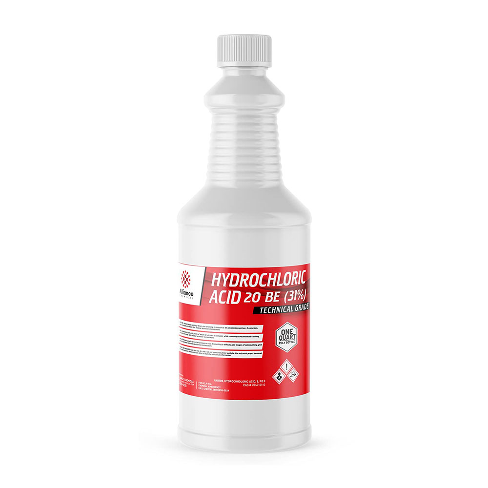 1-quart technical-grade hydrochloric acid (31% HCl, 20 Bé) in white HDPE bottle with red label, hazard symbols, and ribbed safety cap.