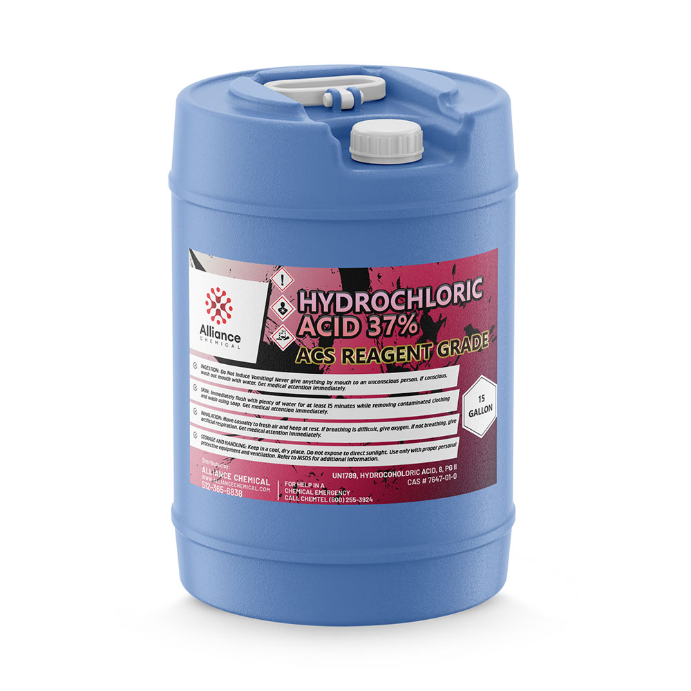 15-gallon blue HDPE carboy of 37% Hydrochloric Acid ACS Reagent Grade with hazard warning labels, dual-port cap, and chemical safety information.