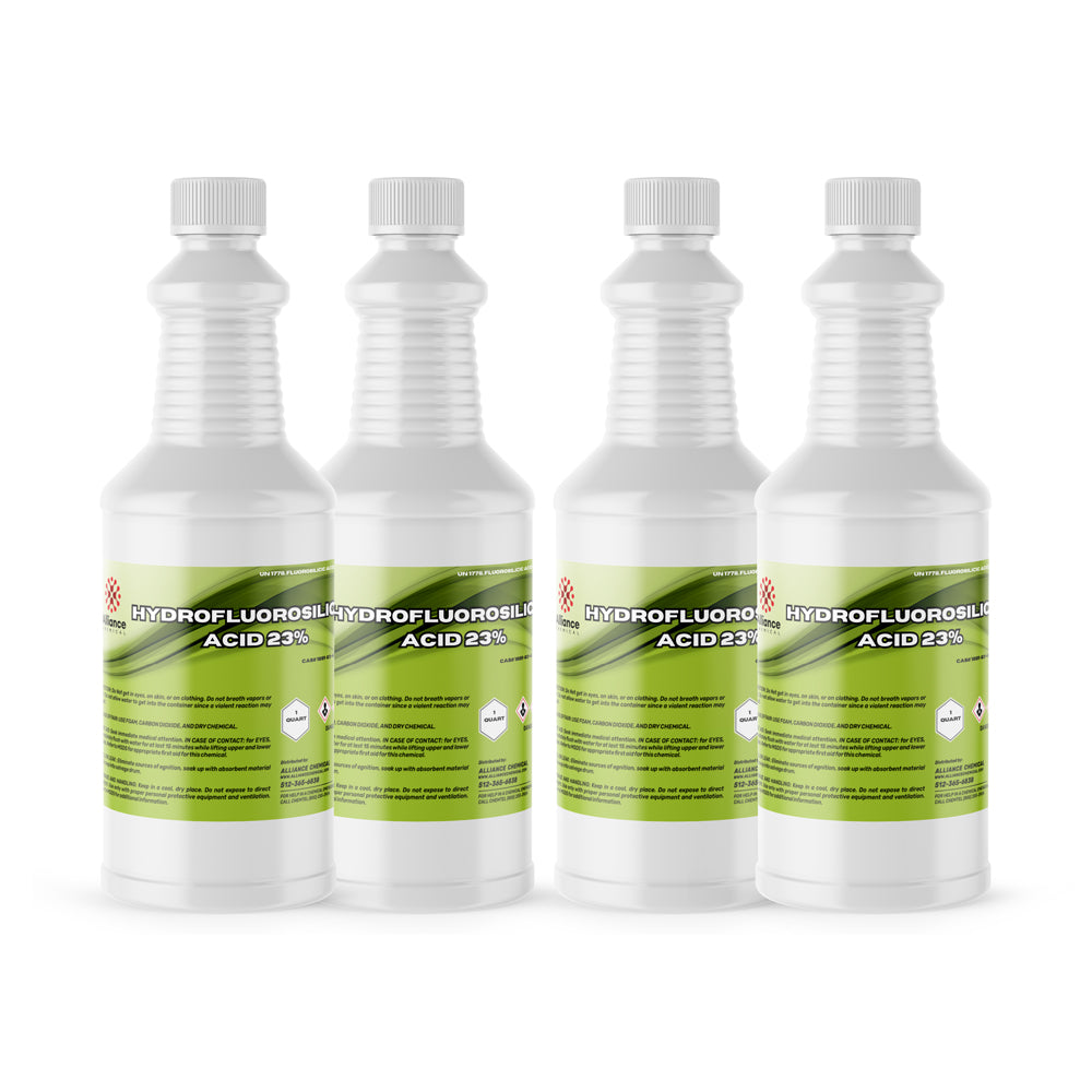 Four 1-quart HDPE bottles of Alliance Chemical Hydrofluorosilicic Acid 23% with white caps and product labels.