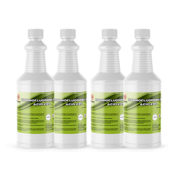 Four 1-quart HDPE bottles of Alliance Chemical Hydrofluorosilicic Acid 23% with white caps and product labels.