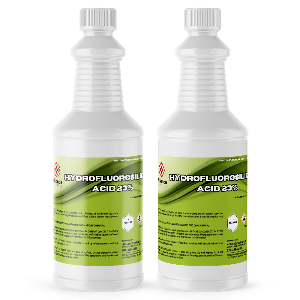 2-quart bottles of Hydrofluorosilicic Acid 23% (HFS) in white HDPE containers with green labels, UN1778 classification and hazard symbols.