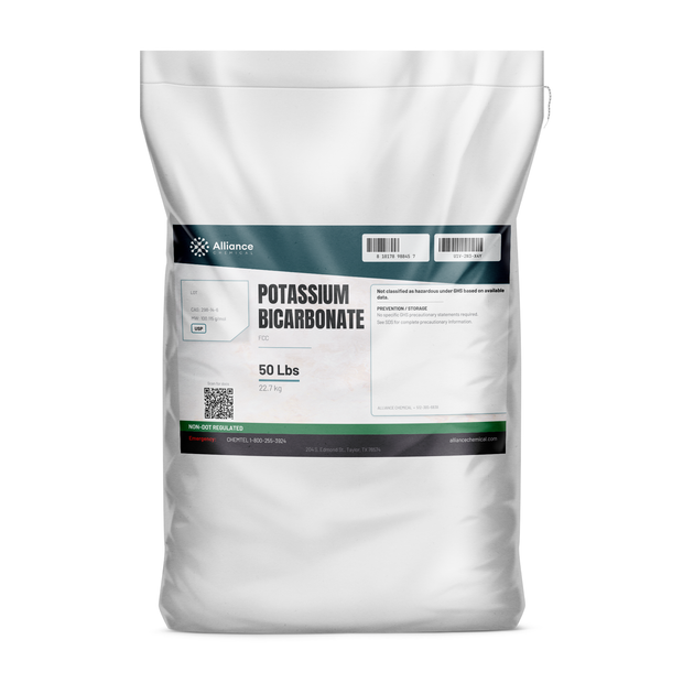 Potassium Bicarbonate FCC USP grade powder in a 50-lb bag from Alliance Chemical