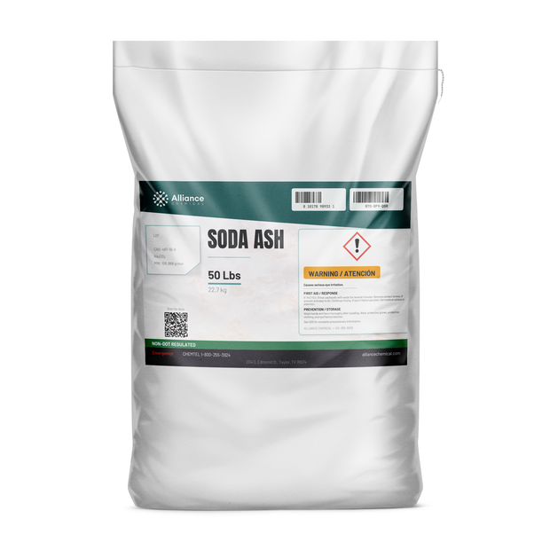 Soda Ash Technical Grade in a 50-lb bag for industrial water treatment, Alliance Chemical