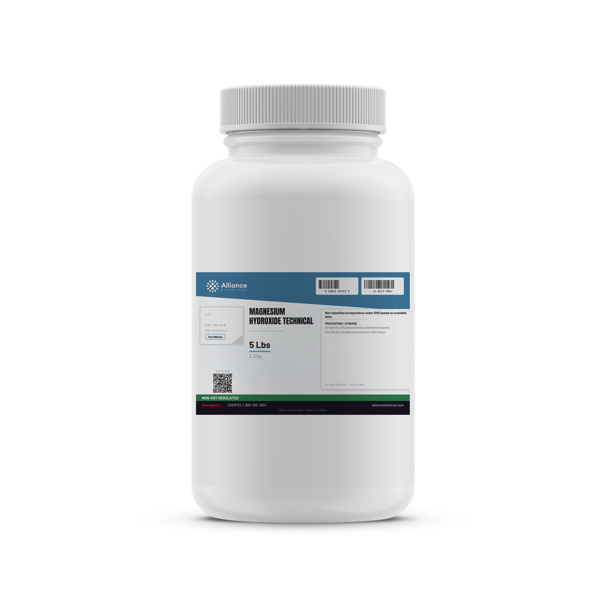 Magnesium Hydroxide Technical Grade in a 5-lb white plastic bottle from Alliance Chemical