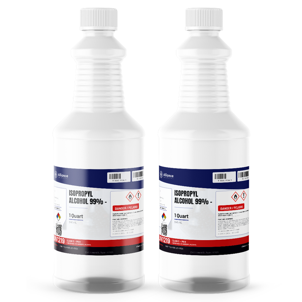 Isopropyl alcohol 99% technical grade in two 1-quart plastic bottles, Alliance Chemical