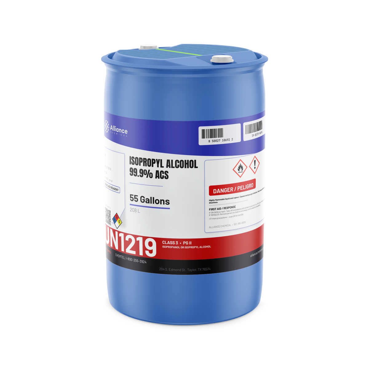 Isopropyl Alcohol 99.9% ACS Reagent Grade in a blue 55-gallon drum, Alliance Chemical