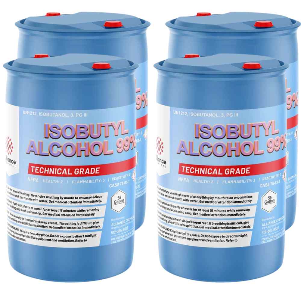 55-gallon drums of Technical Grade Isobutyl Alcohol 99%, UN1212 hazmat class, with NFPA diamond rating 2-3-1, in blue plastic containers with red caps.