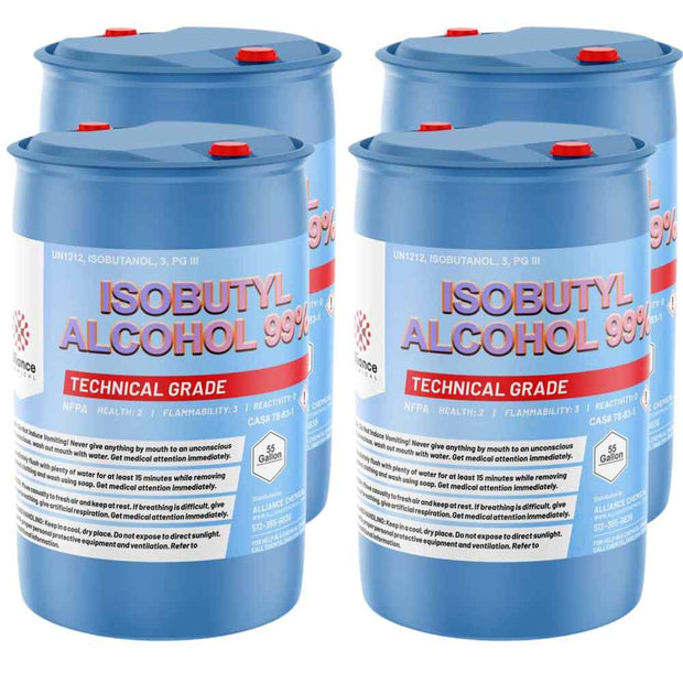 Four 55-gallon blue plastic drums of Alliance Chemical Isobutyl Alcohol 99% with red caps and product labels.