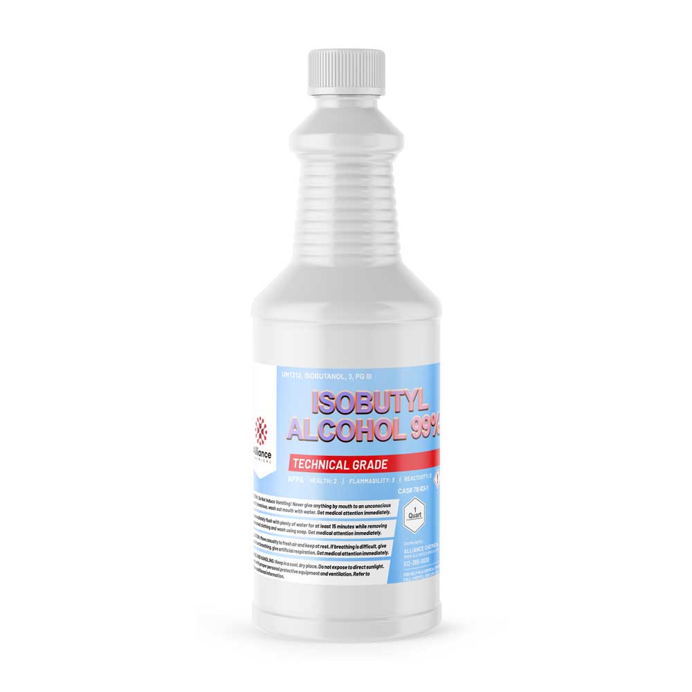 1-quart white HDPE bottle of technical-grade Isobutyl Alcohol 99%, featuring safety warnings and chemical hazard symbol on blue-accented label.