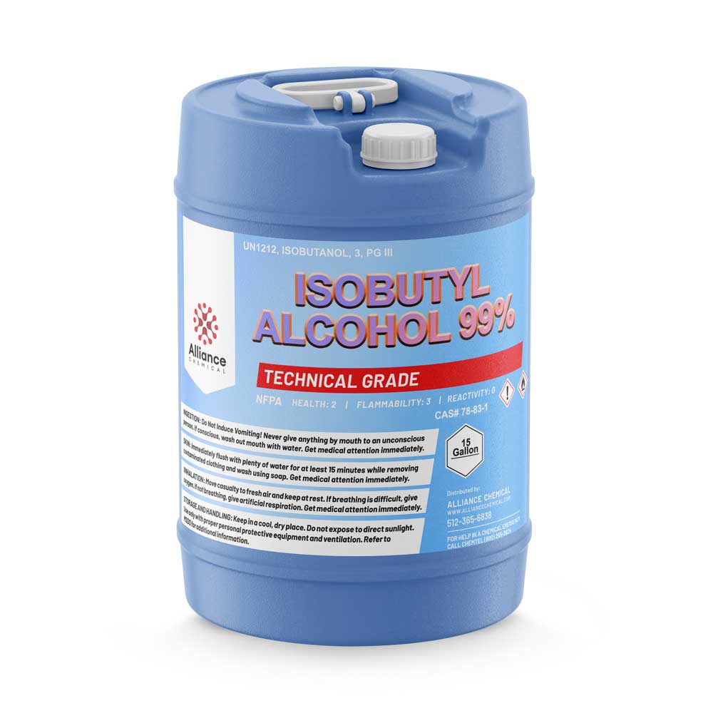 15-gallon blue plastic drum of technical-grade Isobutyl Alcohol 99%, UN1212 hazmat labeling, NFPA diamond 2-3-0, CAS#78-83-1.