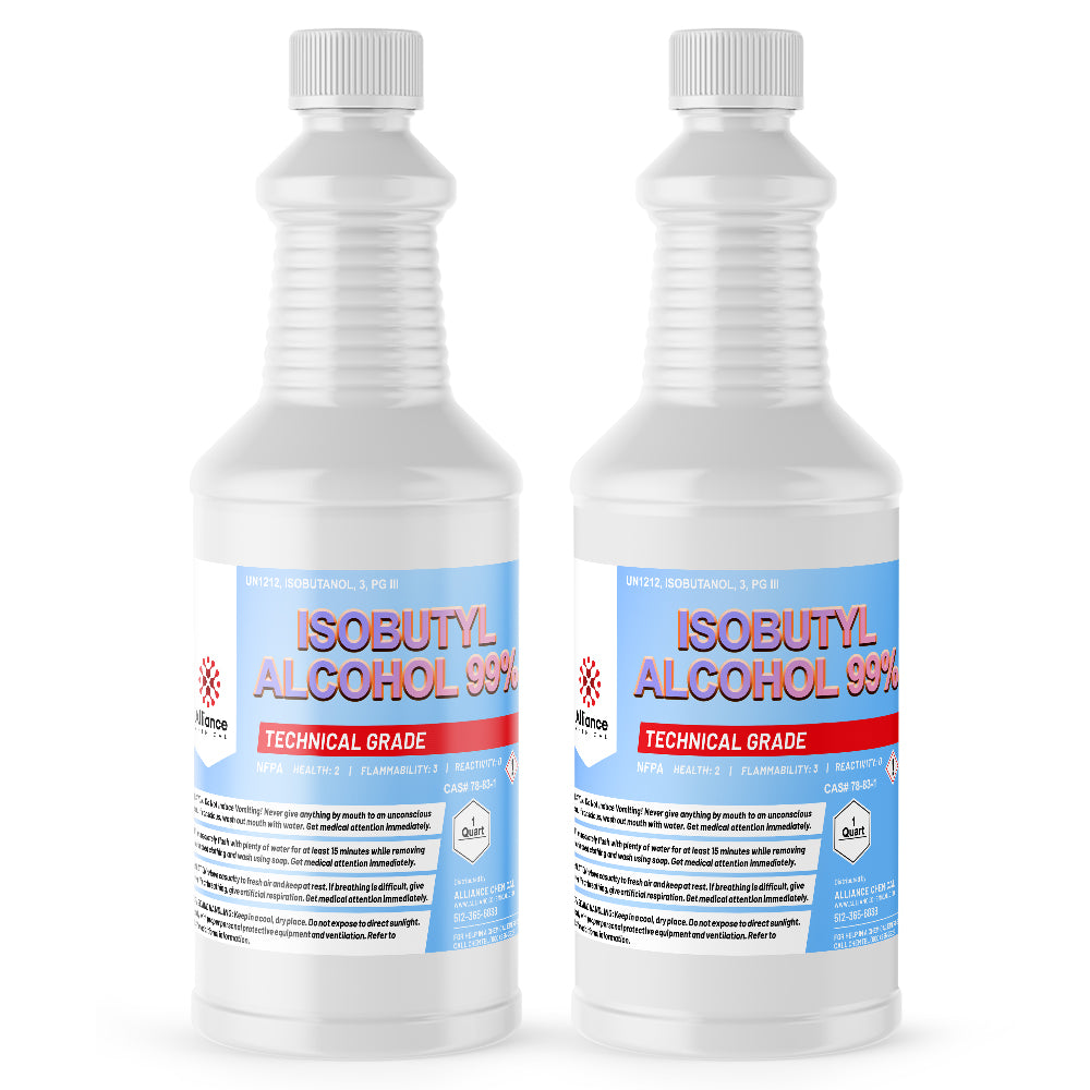 2-quart white HDPE bottles of technical-grade Isobutyl Alcohol 99%, featuring NFPA hazard diamond, safety warnings, and ribbed container design.