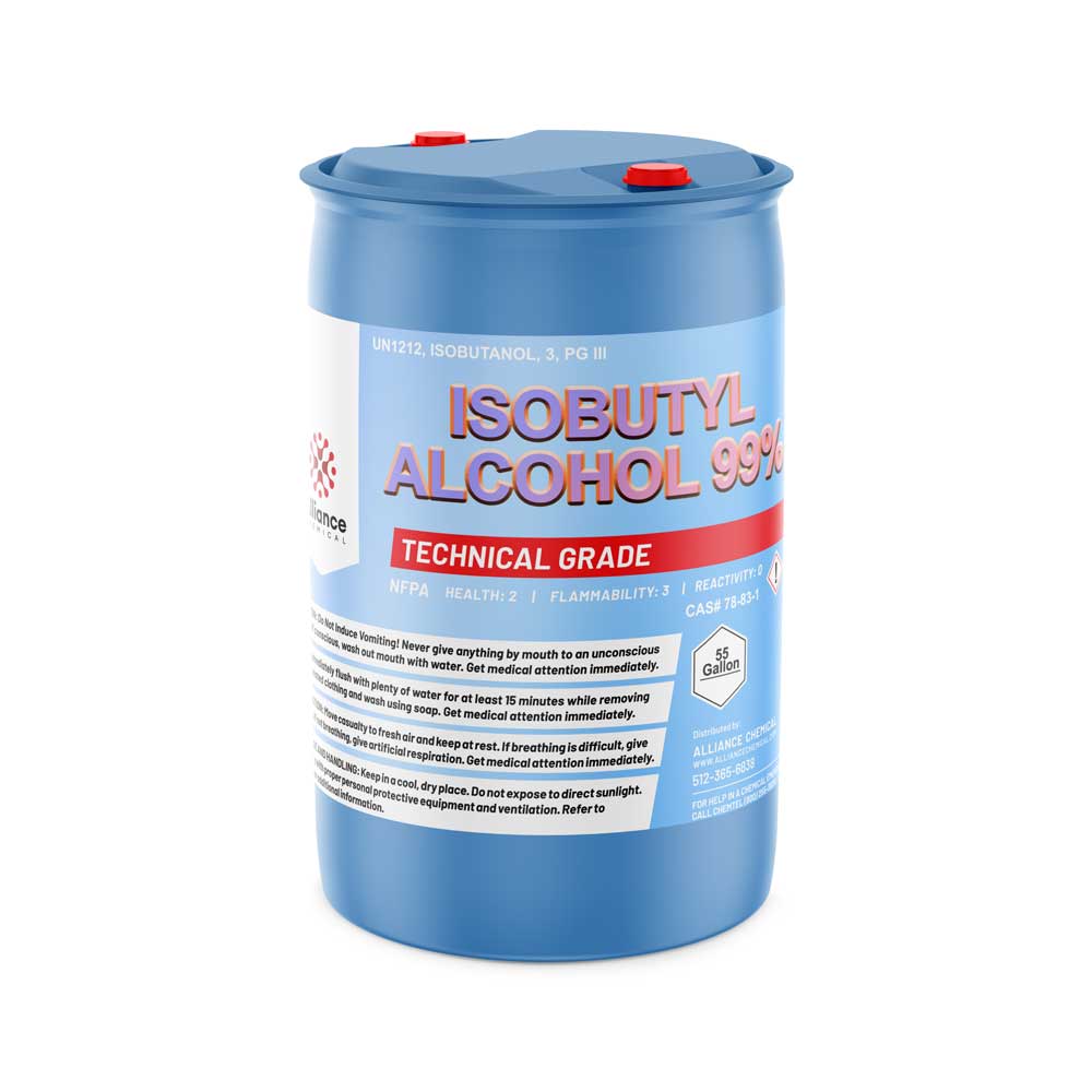 55-gallon blue drum of technical-grade Isobutyl Alcohol 99%, UN1212 hazard class, with NFPA safety markers and red-capped sealed lid.