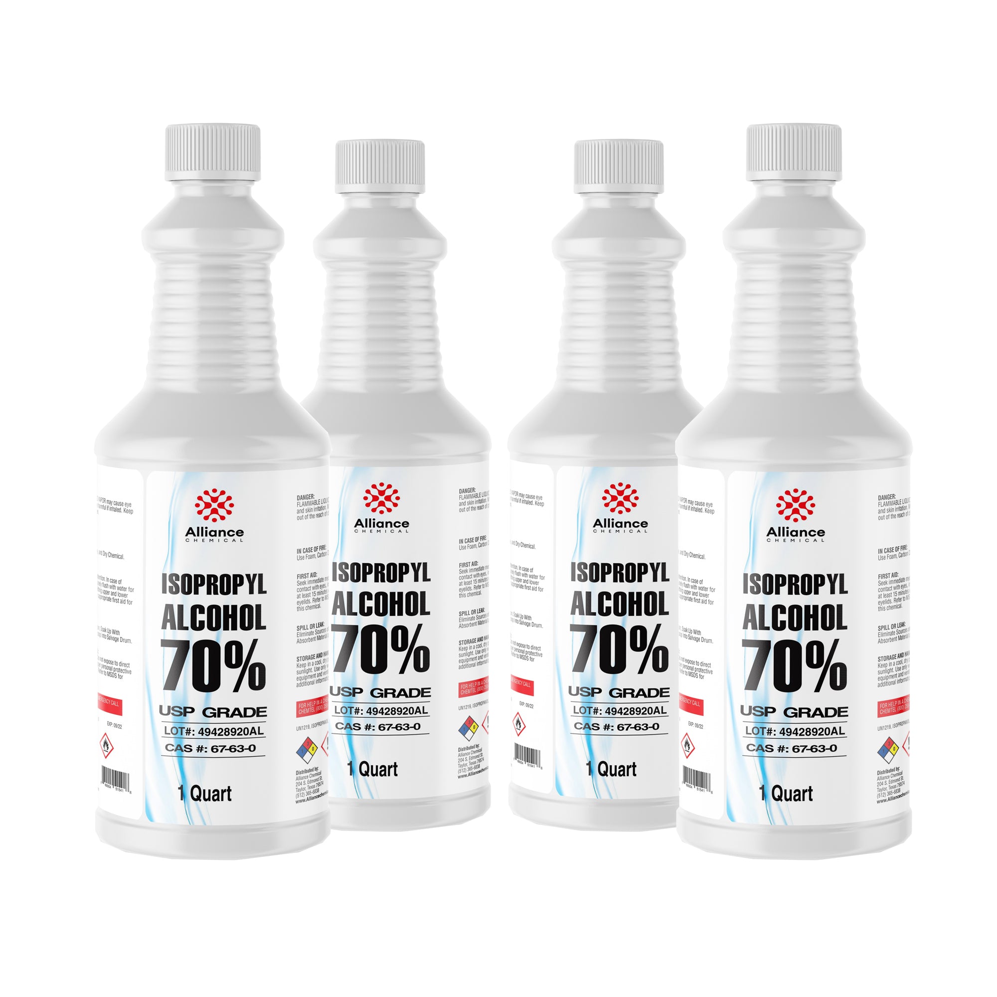 1-quart bottles of Alliance Chemical 70% USP-grade isopropyl alcohol in ribbed HDPE containers with CAS 67-63-0, NFPA diamond warning label.