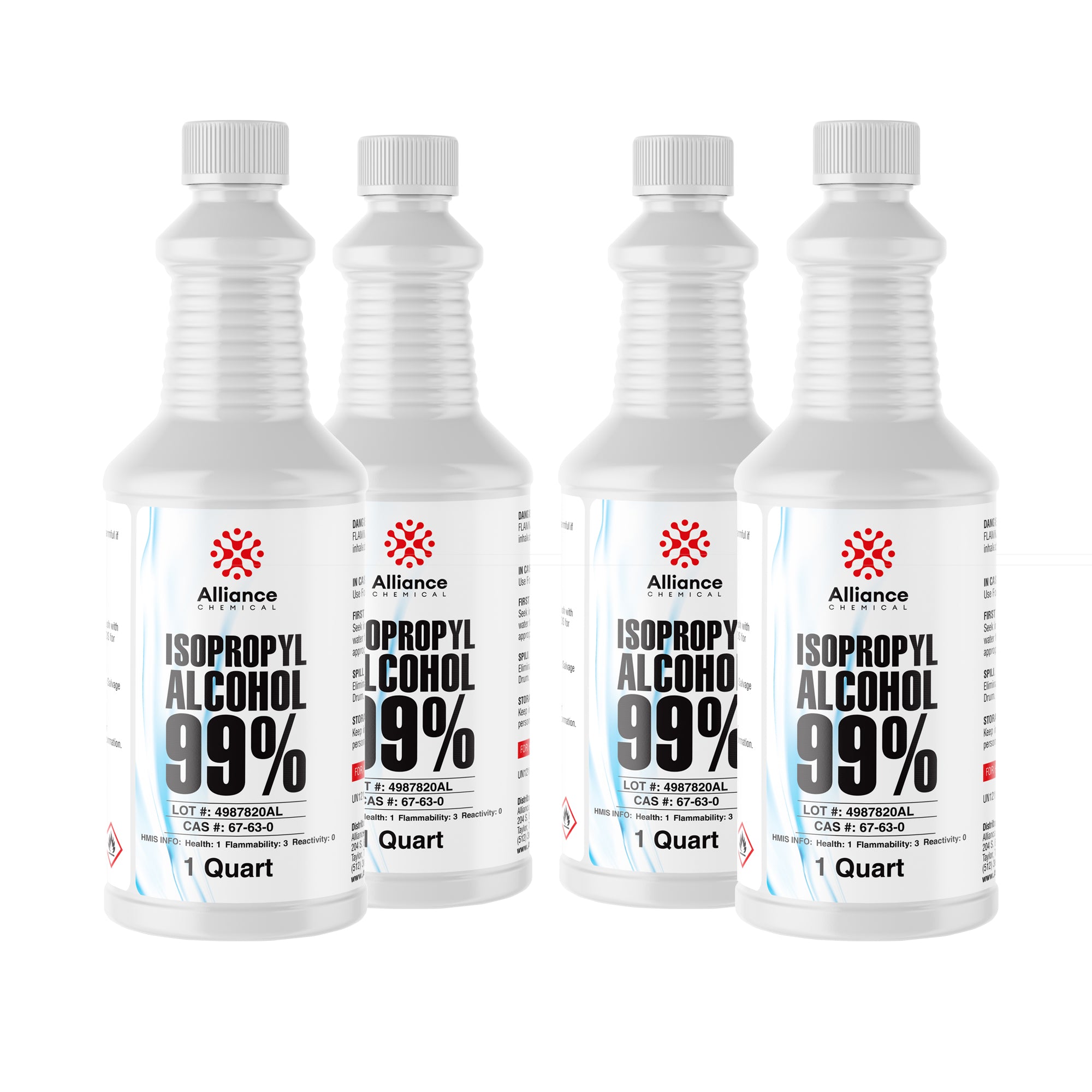 1-quart bottles of 99% Isopropyl Alcohol by Alliance Chemical, white HDPE containers with flammability warning symbols, CAS #67-63-0, industrial-grade.