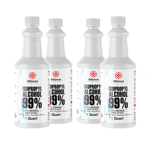 1-quart bottles of 99% Isopropyl Alcohol by Alliance Chemical, HDPE containers with flammability warning symbols