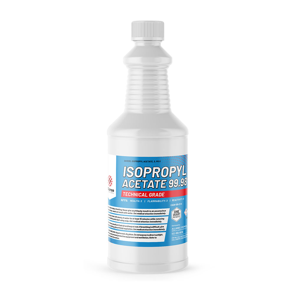 1-quart HDPE bottle of technical-grade Isopropyl Acetate 99.98%, featuring NFPA diamond (2-3-0), white ribbed container with blue label.