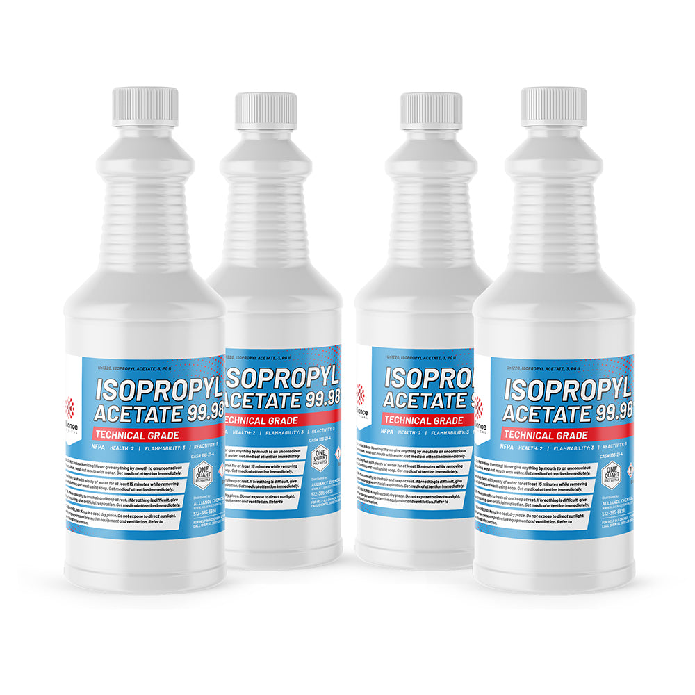 32 fl oz Isopropyl Acetate 99.98% Technical Grade in white HDPE bottles with blue labels, NFPA diamond ratings 2-3-2, tamper-evident caps.