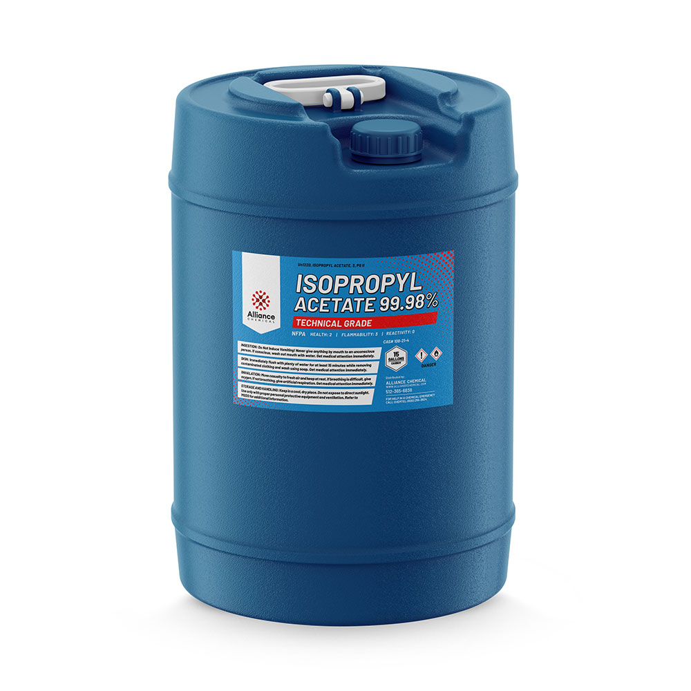 15-gallon blue HDPE drum of technical-grade Isopropyl Acetate 99.98%, featuring NFPA diamond hazard labels and white/blue Alliance Chemical branding.