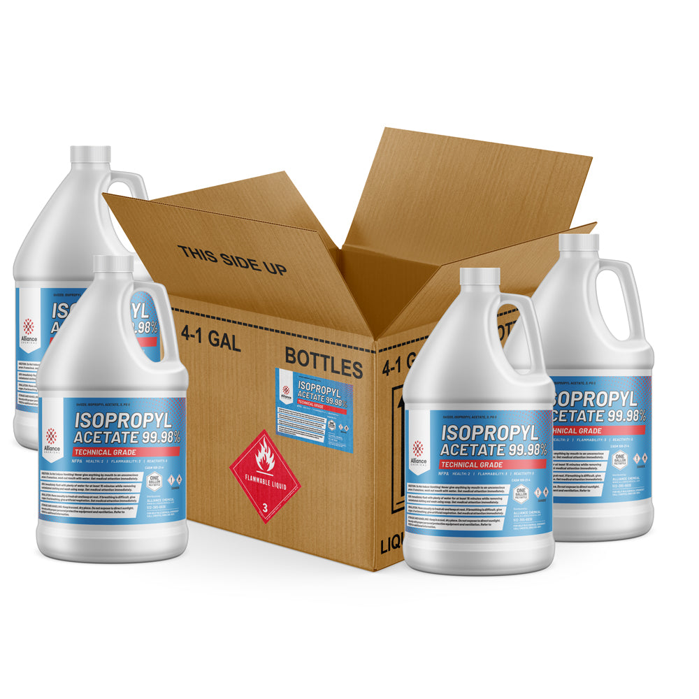 4x1-gallon HDPE jugs of Technical Grade Isopropyl Acetate 99.98% with flammable liquid Class 3 warning, shown with shipping box and safety labels.