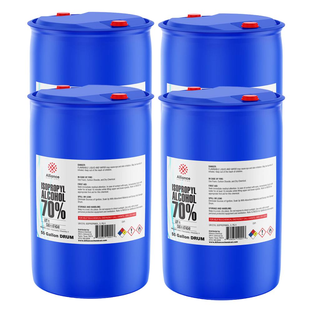 55-gallon blue HDPE drums of 70% Isopropyl Alcohol USP-grade with red caps, hazard warning labels, and Alliance Chemical branding.