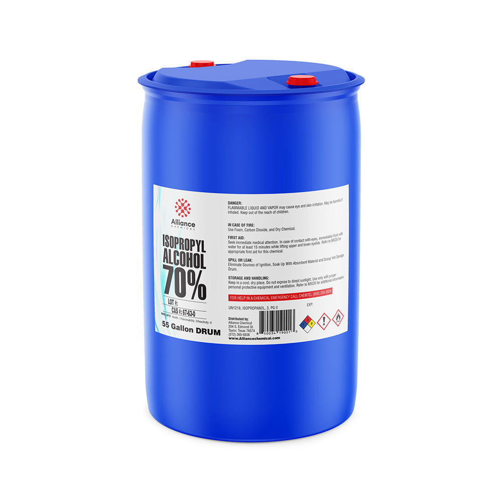 55-gallon HDPE drum of 70% Isopropyl Alcohol USP grade with NFPA diamond, Alliance Chemical label, and dual red safety caps