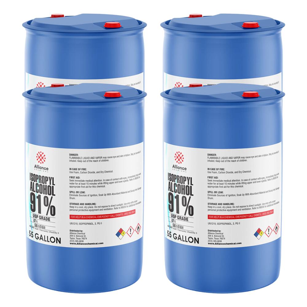 55-gallon blue drums of USP-grade 91% Isopropyl Alcohol with flammable liquid warning labels, red caps, and NFPA diamond symbols (4-pack).