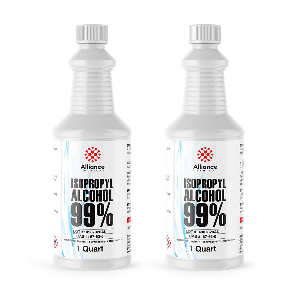 1-quart bottles of Alliance Chemical 99% Isopropyl Alcohol with HMIS safety symbols, in ribbed HDPE containers