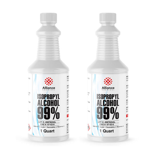 1-quart bottles of Alliance Chemical 99% Isopropyl Alcohol with HMIS safety symbols, in ribbed HDPE containers