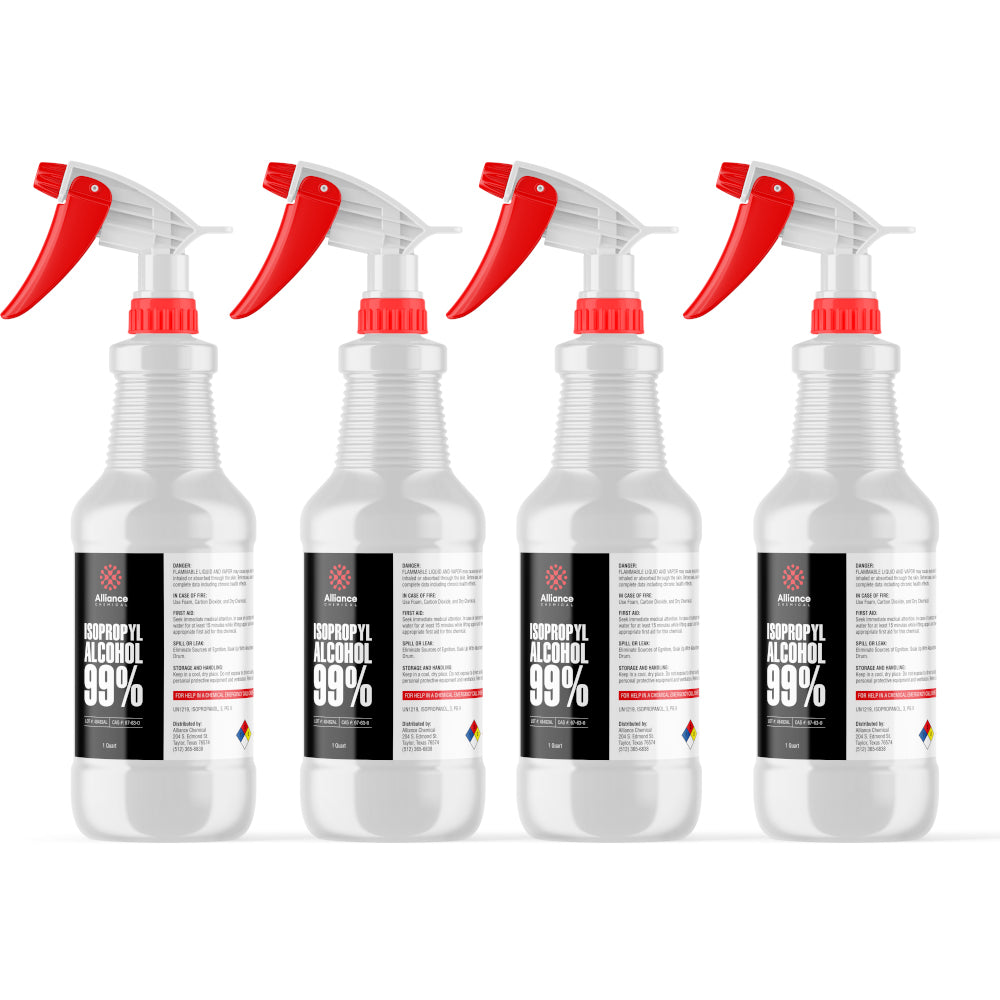 4-quart set of 99% Isopropyl Alcohol in white HDPE spray bottles with red triggers, NFPA diamond warning symbol, Alliance Chemical brand.