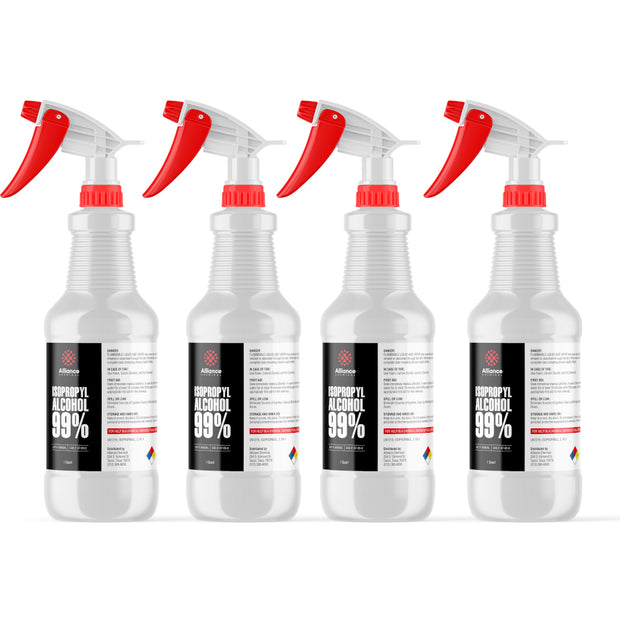 4-quart set of 99% Isopropyl Alcohol in HDPE spray bottles NFPA diamond warning symbol, Alliance Chemical brand